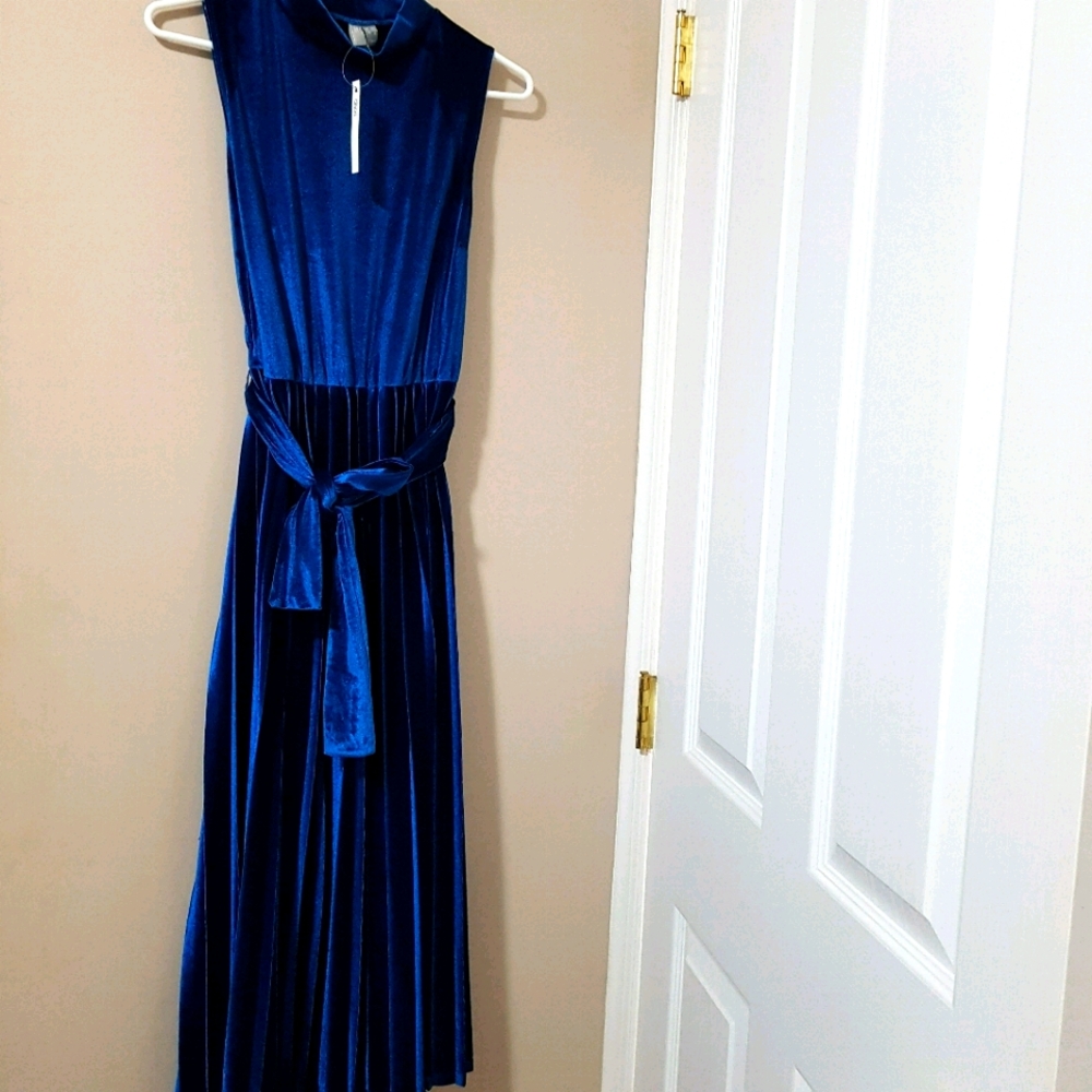 Asos Blue Velvet Pleated Open Back Dress